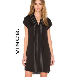 VINCE Black VEE Short Sleeve Caftan Embroidered Shift Dress